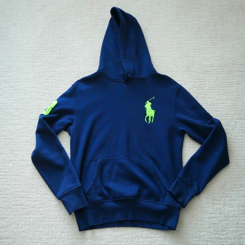 Polo Ralph Lauren Big Pony Hoodie Navy Blue Neon Green Mens Small S Pullover